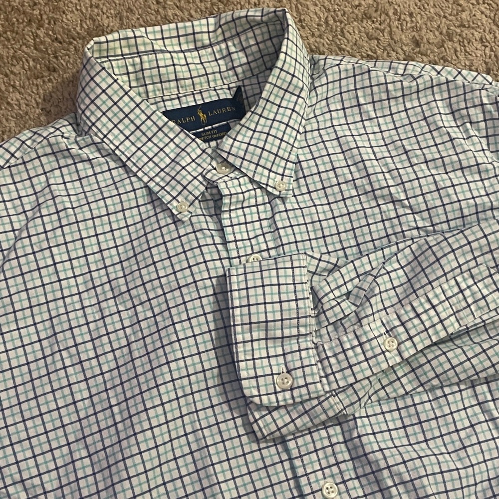Ralph Lauren Slim Fit Stretch Oxford Plaid Button Down Long‎ Sleeve Shirt XXL